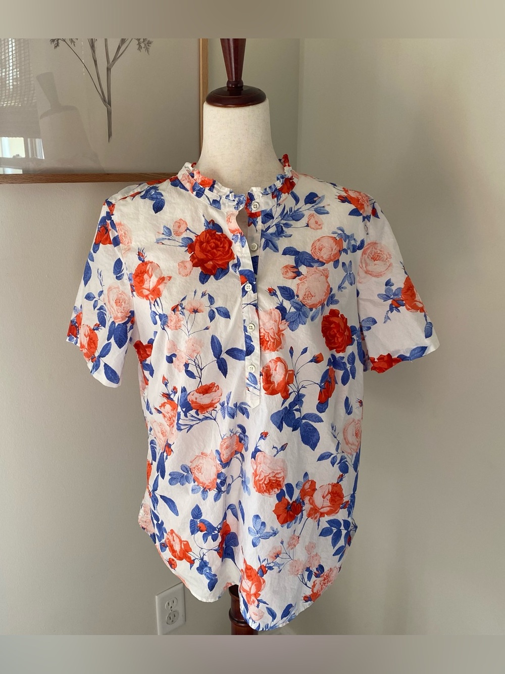 Talbots 100% Cotton White Floral Button-Front Blouse with Ruffle Collar